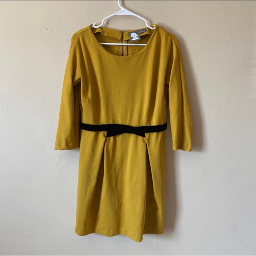 Anthropologie Yellow Ponte Knit Belted Dress Sz M